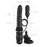 The FFS Ultimate Silicone Thruster in black includes a ribbed shaft, removable bullet vibrator, vibration modes, 1.5-inch insertable diameter, 11.5-inch length, and 27-inch cord. It has a suction cup base and is shown against a white background.