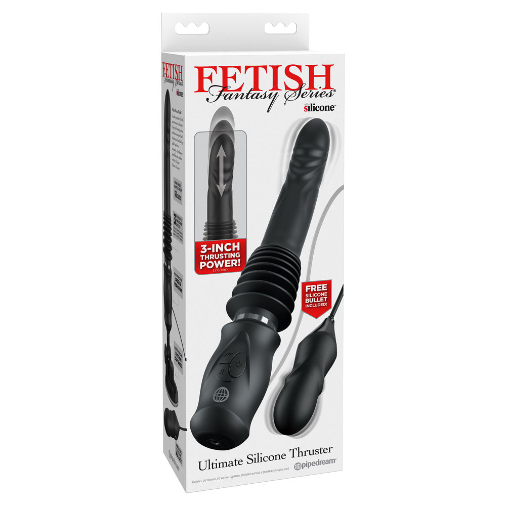 The Fetish Fantasy Series Ultimate Silicone Thrusters packaging highlights the sleek black device with 3-inch thrust power and various vibration patterns. A free satin love mask is also included, set against a white background with prominent branding on top.