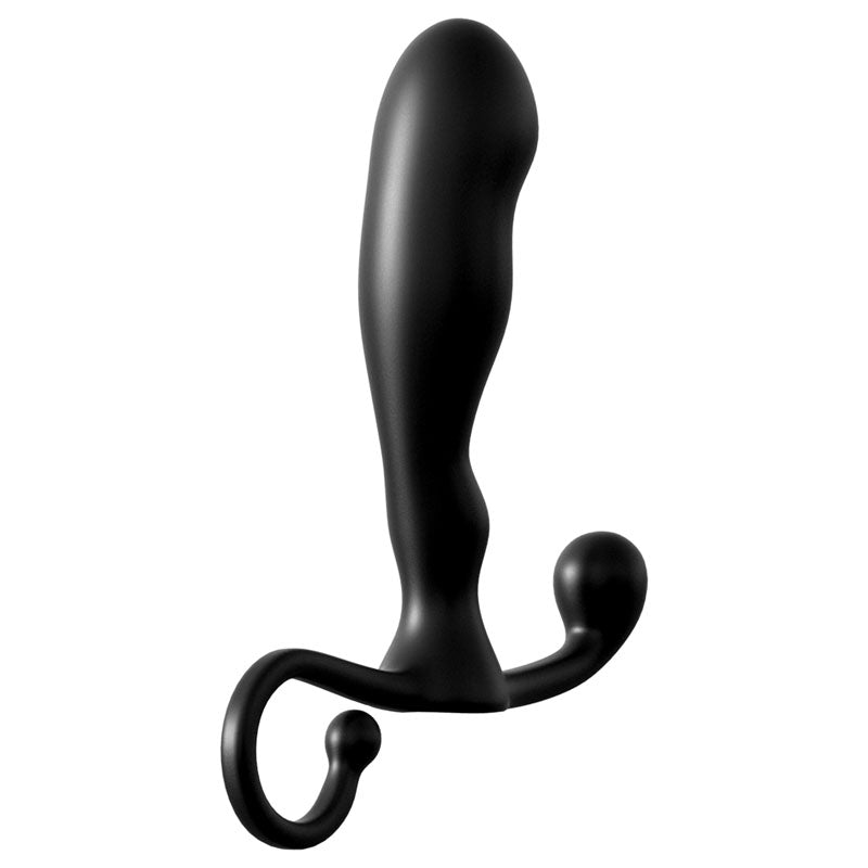 The Anal Fantasy Collection Classix Prostate Stimulator in black, measuring 10.1 cm, features a smooth, curved design with a bulbous head and ergonomic body. Its two curved handles ensure easy grip, while the soft matte finish enhances comfort and P-spot stimulation during anal play.