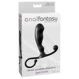 The packaging for the Anal Fantasy Collection Classix Prostate Stimulator features a sleek image of the black, curved 10.1 cm prostate massager for P-Spot stimulation. Dimensions like total length and width are highlighted against a bubble-patterned background.