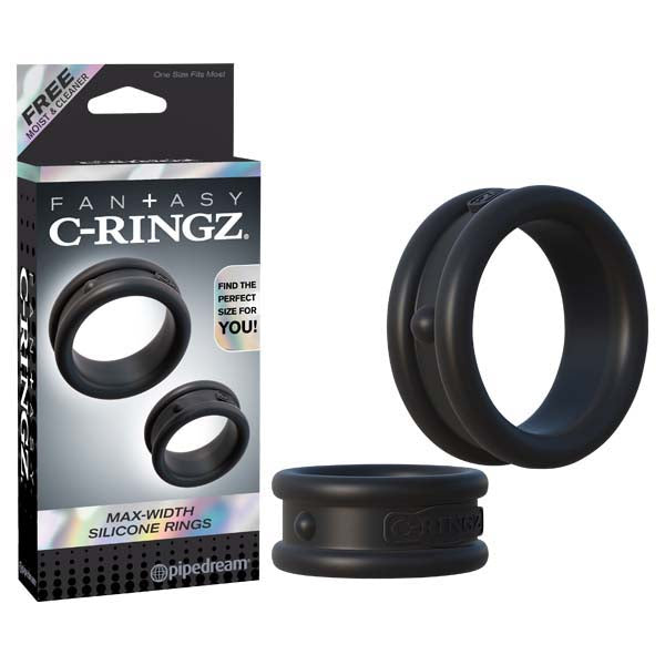 The Fantasy C-Ringz Max Width Silicone Rings are a set of two black cock rings labeled Find the Perfect Size for You! These thick, smooth, and stackable performance rings are designed for intimate use.