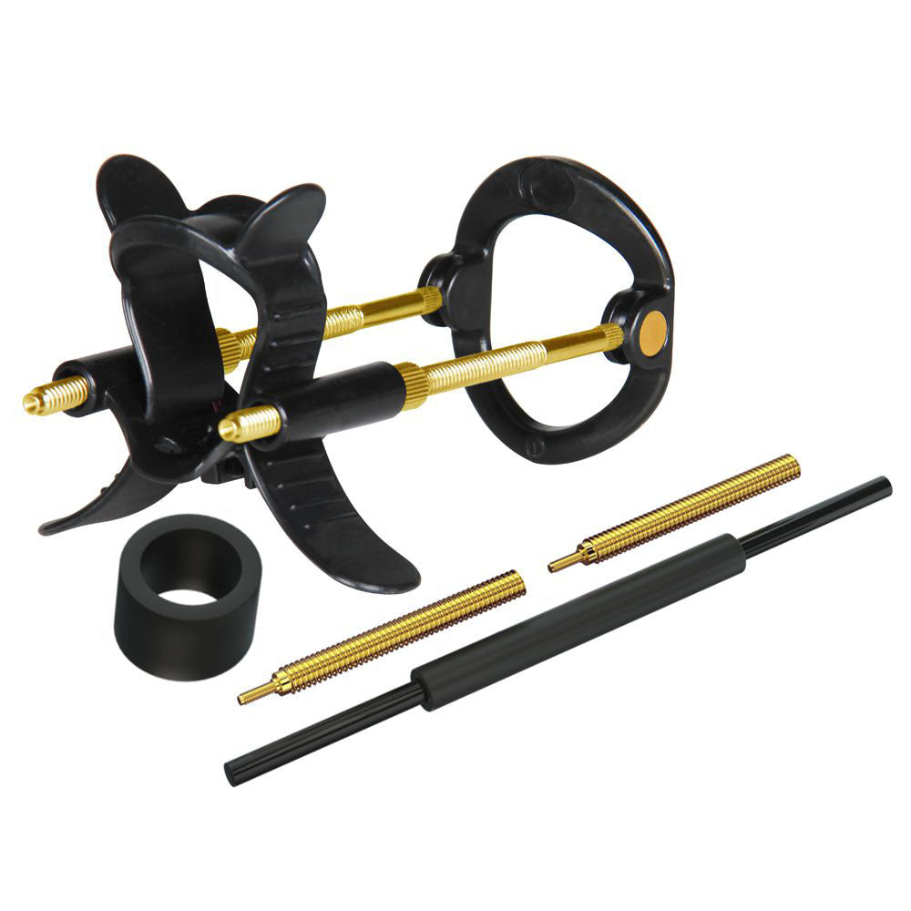 The LuvPump Max Fit Hybrid Penis Extender, a black and gold mechanical tool resembling a penis enlarger, features curved grips, adjustable screws, a cylindrical piece, and a threaded rod. Its all meticulously arranged on a plain white background.