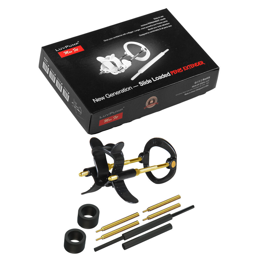 The LuvPump Max Fit Luxury Penis Extender - Black box features product images and branding, promising permanent results. Below, black and gold metal components like rings, rods, and connectors are arranged on a white background.