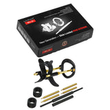 The LuvPump Max Fit Luxury Penis Extender - Black box features product images and branding, promising permanent results. Below, black and gold metal components like rings, rods, and connectors are arranged on a white background.