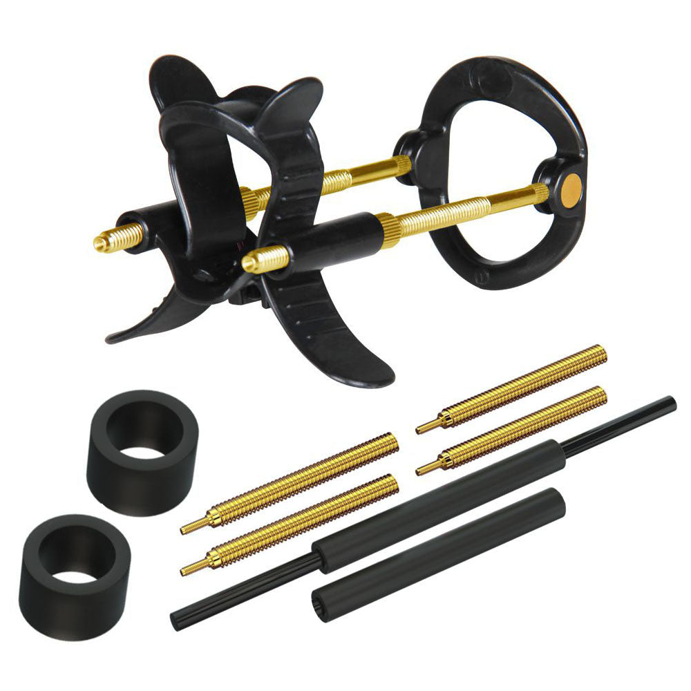 The LuvPump Max Fit Luxury Penis Extender Kit is showcased, featuring black threaded clamps, support rings, gold rods, and extension rods against a white background. Ideal for precision and reliability in securing pipes or similar items with permanent results.