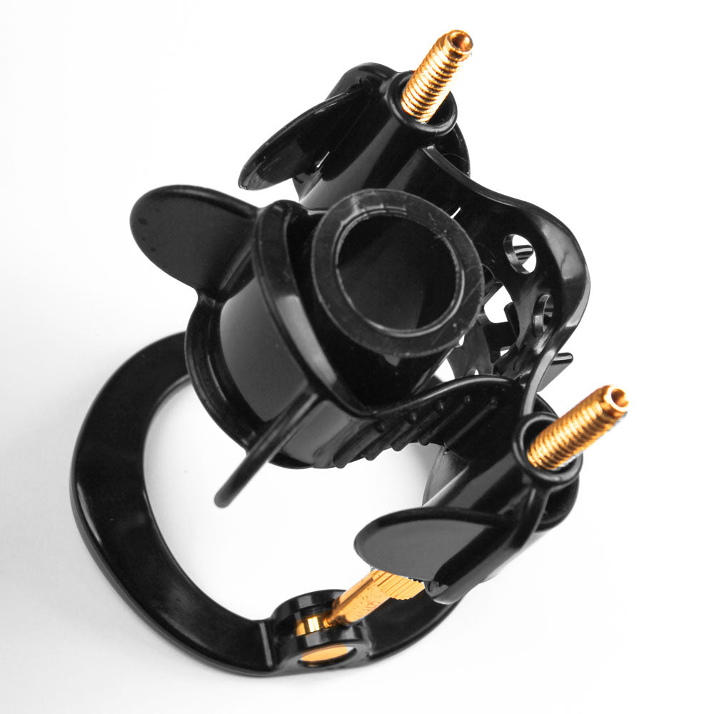 The LuvPump Max Fit Luxury Penis Extender - Black, featuring gold screws and clamps with a central circular cutout, is a sleek, glossy mounting component for secure use in innovative solutions like penis traction. Photographed against a white background.