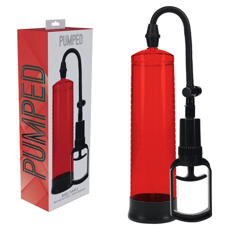 Red PUMPED Basic Pump 2 - a penis pump with a black handle and nozzle, shown next to its packaging featuring the word PUMPED in large letters, designed for enhancing size or circulation.