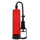 The PUMPED Basic Pump 2 is a red cylindrical penis pump featuring a flexible black hose, black handle, and transparent chamber for visibility, offering an effective solution for erectile dysfunction and sexual enhancement.