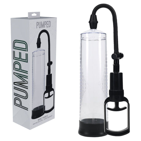 The PUMPED Basic Pump 2, a transparent cylindrical vacuum pump for erectile dysfunction, is shown next to its box featuring its image and PUMPED in bold. The device includes a black hand pump, flexible hose, and large chamber.