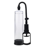 The PUMPED Basic Pump 2 is a clear cylindrical penis pump with a black base and flexible tube, connected to a manual pump handle for effective erectile dysfunction treatment.