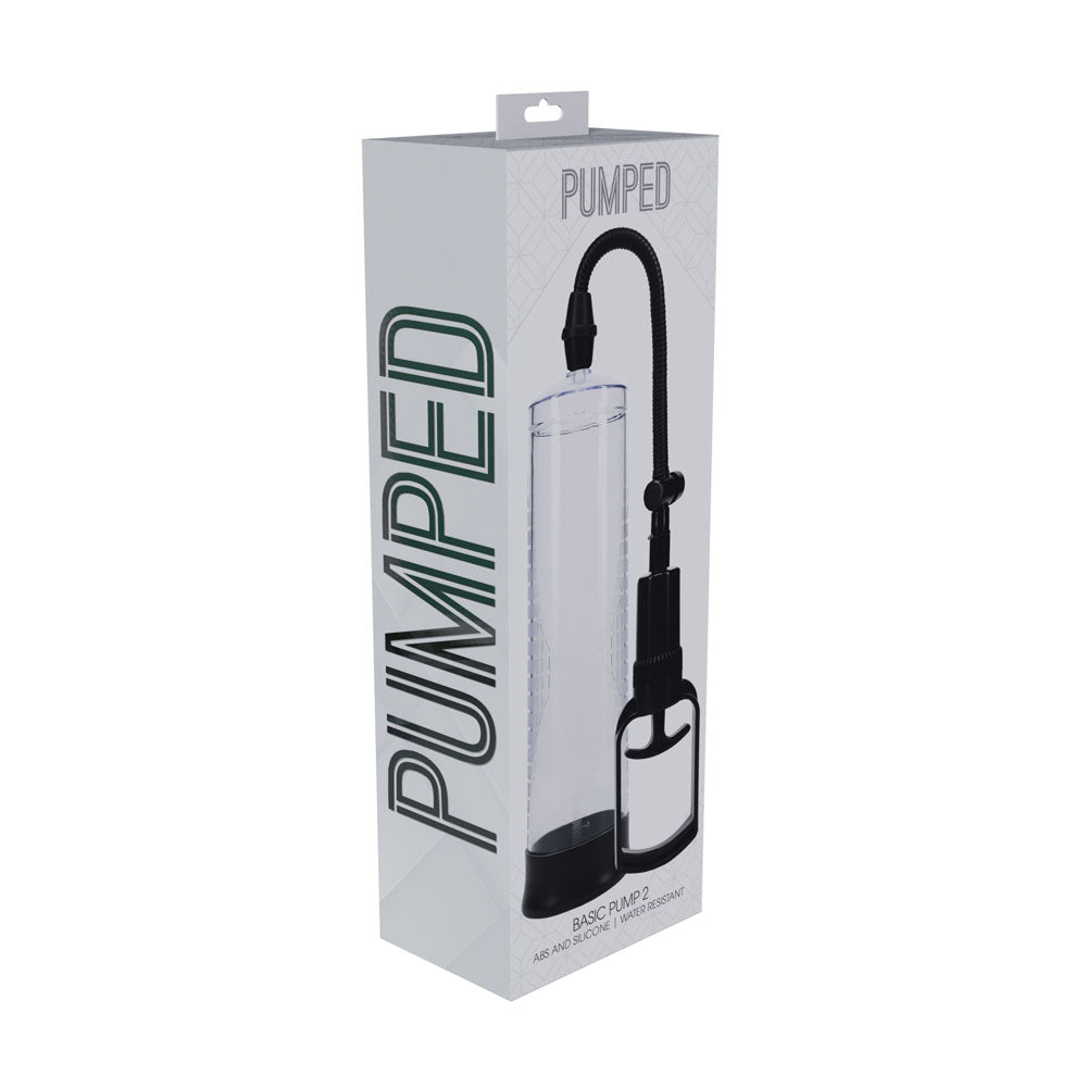 The PUMPED Basic Pump 2 - Transparent features a clear cylinder with a black pump, serving as an effective vacuum erection device. The predominantly white box with green and black text offers discreet and professional presentation for this innovative penis pump.