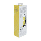 The PUMPED Basic Pump 2 - Yellow is a vacuum erection device with black tubing and a white container, packaged in a diamond-patterned box. It features text with instructions and has a small hook for easy hanging display.