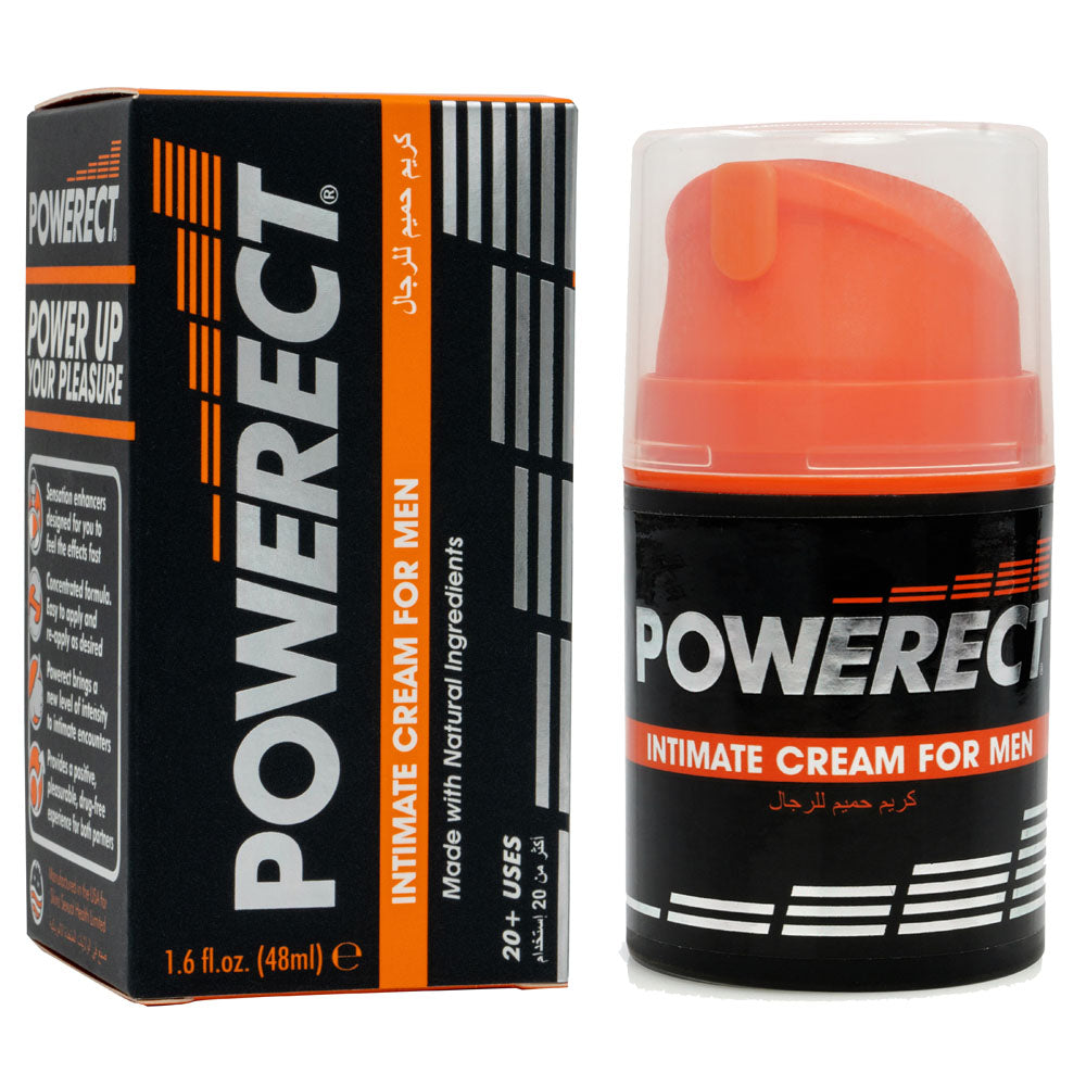 The Powerect Intimate Cream - Enhancer for Men comes in a 48 ml tube with a sleek black design and vibrant orange accents. It promotes pleasure enhancement and natural sexual health, uses herbal ingredients, includes usage instructions, and has Arabic text on its packaging.