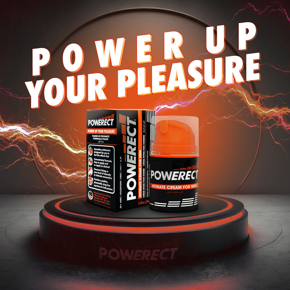 A tube of Powerect Intimate Cream for men sits on a circular platform with the slogan Power Up Your Pleasure above. The electrifying background features herbal imagery, enhancing the dramatic dark color scheme. The red-glowing platform highlights the brand name prominently.