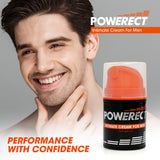 A smiling man touches his face beside a Powerect Intimate Cream - Enhancer Cream for Men (48 ml tube) with an orange lid and black label. Text: PERFORMANCE WITH CONFIDENCE. Infused with herbal ingredients, it supports natural sexual health. The background is light grey.