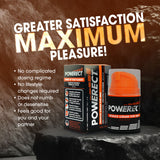 The image shows the Powerect Intimate Cream - Enhancer for Men (48 ml tube) against a rocky backdrop. The text highlights benefits: No complicated dosing, No lifestyle changes, Does not numb, Feels good for you and your partner, with herbal ingredients promoting natural sexual health.