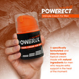 A hand holds an orange dispenser labeled Powerect Intimate Cream - Enhancer Cream for Men, against a rock texture. Text highlights its formulation with herbal ingredients, providing natural sexual health and pleasure enhancement when extra support is needed in the heat of the moment.