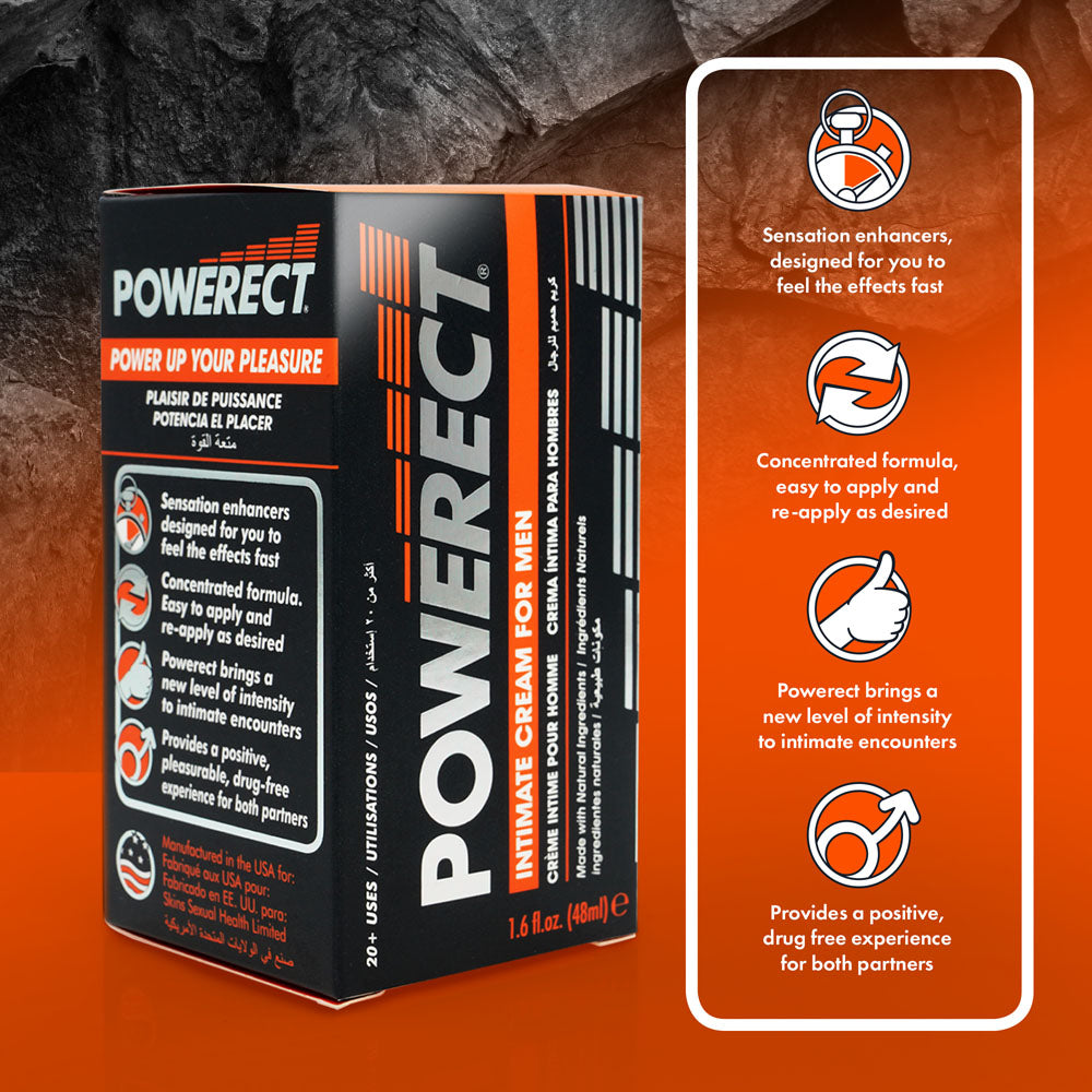 The Powerect Intimate Cream - Enhancer for Men comes in a 48 ml tube and is shown against a rocky background with an orange glow. Infused with herbal ingredients, it enhances sensations, ensures easy application, and supports repeated use for intense intimate encounters and partner satisfaction.