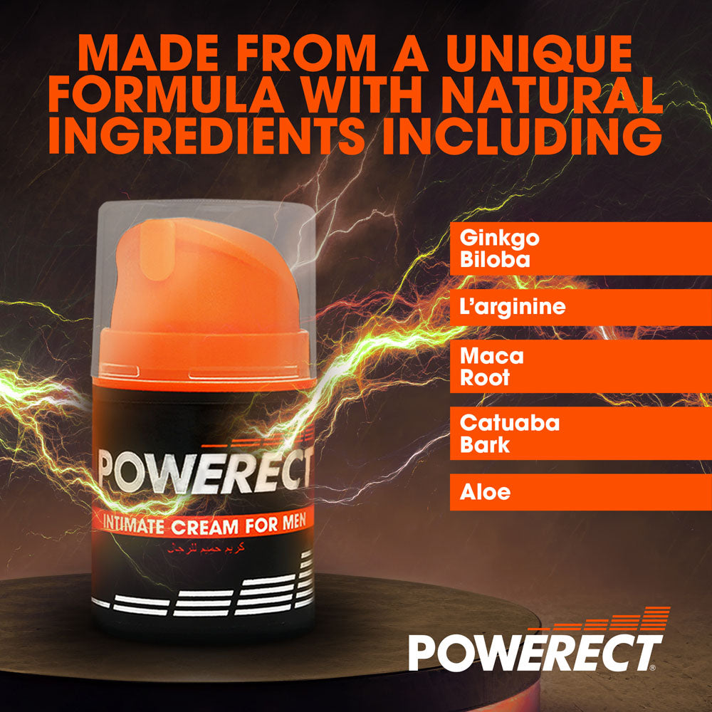 The image features an ad for Powerect Intimate Cream - Enhancer Cream for Men (48 ml tube), emphasizing its herbal ingredients like Ginkgo Biloba and Maca Root. The lightning backdrop enhances the appeal of the black container with an orange cap, highlighting natural sexual health.