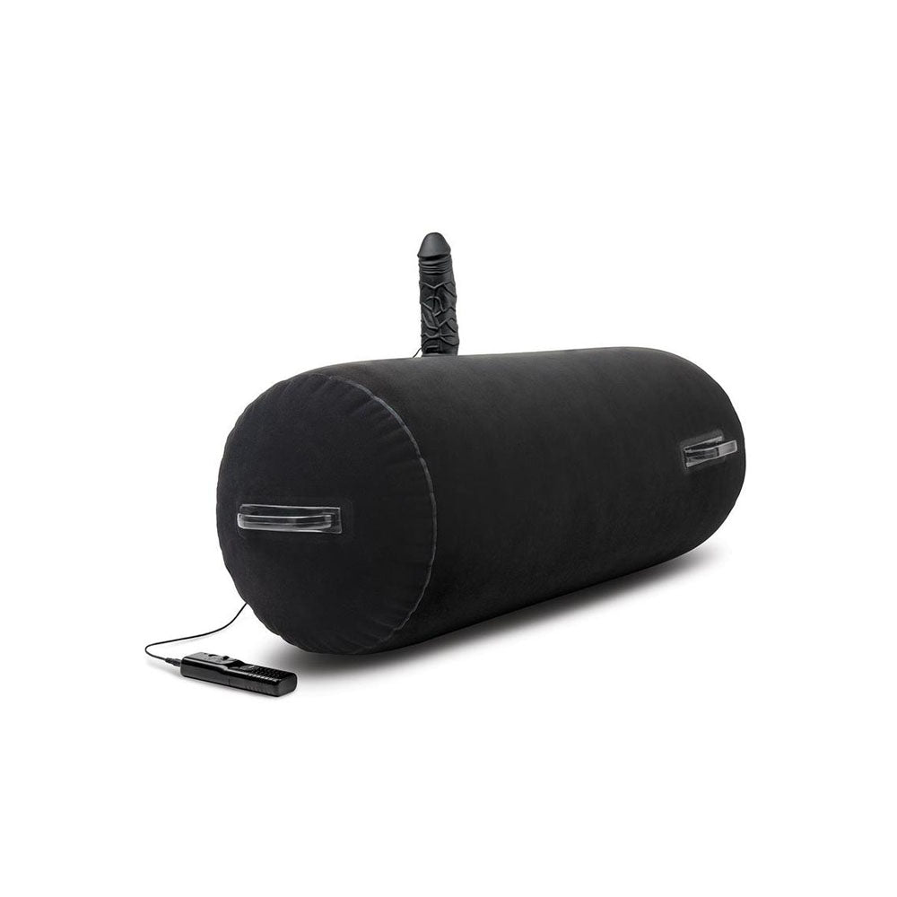 The Whipsmart Inflatable Bangin Bolster is a black cylindrical cushion with a plush design, featuring textured and see-through handles. It comes with a wired remote control for setting adjustments, ensuring travel-friendly convenience.