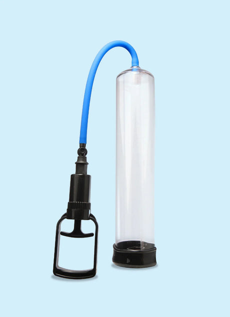 A transparent cylindrical pump with a black base and a blue flexible hose attached to a black loop handle. The background is light blue, highlighting the devices components.