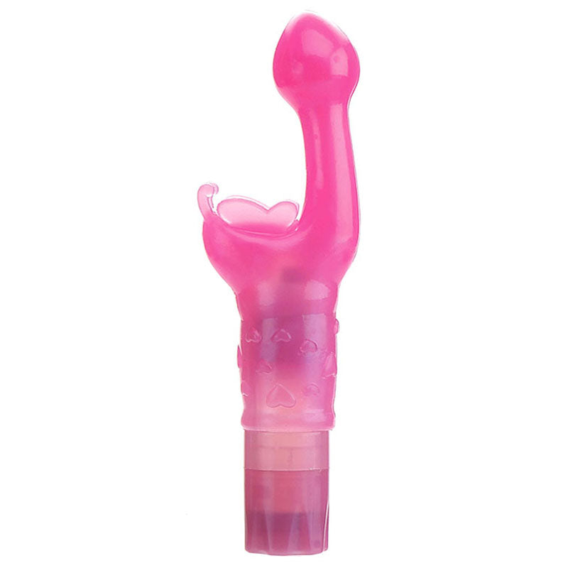 The Adam & Eve Butterfly Kiss - Pink 18 cm Vibrator is ideal for beginner exploration with dual stimulation. It features a curved, bulbous tip and smaller heart attachment, resembling a Butterfly Kiss Rabbit Vibrator, with controls likely in the translucent cylindrical base.