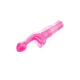 The Adam & Eve Butterfly Kiss - Pink 18 cm Vibrator features a curved shaft for G-spot stimulation, a rounded tip for targeted pleasure, textured ridges, and an intricately detailed butterfly clitoral stimulator, all designed for beginners. It rests elegantly on a white backdrop.