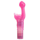 The Adam & Eve Butterfly Kiss - Pink 18 cm Vibrator has a user-friendly pink silicone design with a curved shaft and butterfly-shaped clitoral stimulator. Its smooth texture provides dual stimulation, while the handle features heart patterns and a translucent battery compartment.