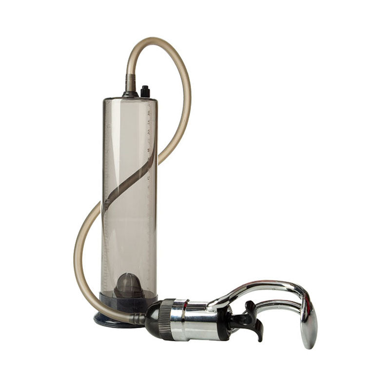 An image shows the Adam & Eve MAX RESULTS Pump, a transparent cylindrical device with a coiled interior, linked to a hand pump by a flexible tube. It boasts a chrome finish, black grip, and unique hook-like feature, promising superior suction for vacuum-related applications.