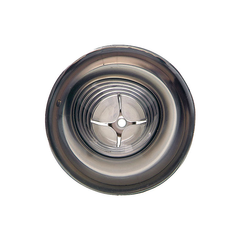 Top-down view of the Adam & Eve MAX RESULTS Pump shows a cross-shaped blade assembly in a circular, shiny metal container with ribbed inner sides forming a spiral pattern to the base, ensuring powerful performance.