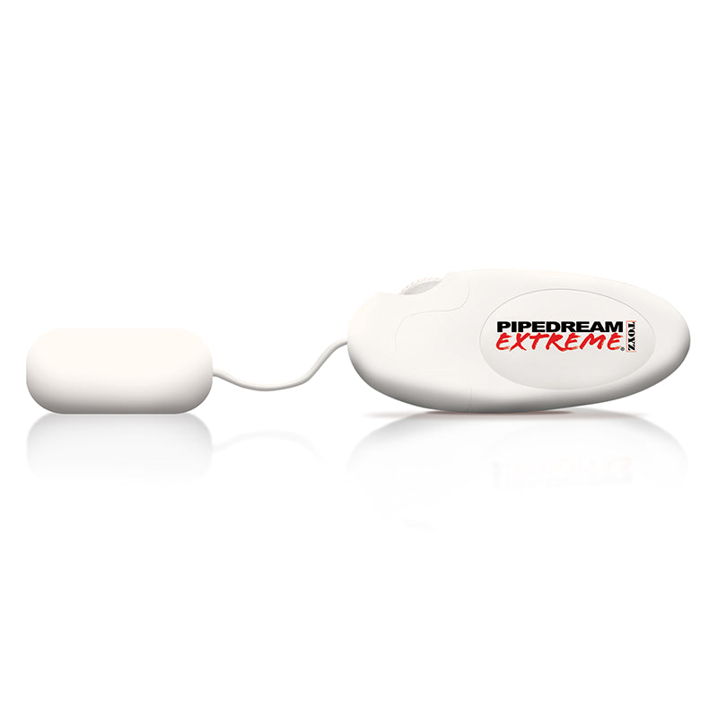 A white oval-shaped electronic device with a cord leading to a small rounded capsule is evocative of Fanta Flesh. Pipedream Extreme is proudly inscribed on one side, while its smooth, minimalistic design entices against a simple white backdrop. This exemplifies the Pipedream Extreme Toyz Vibrating Ass.