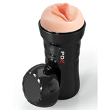 The PDX Extreme Wet Pussies - Super Luscious Flesh Vagina Stroker is a self-lubricating toy for men, featuring a black, textured cylindrical case labeled PDX. Its open top reveals a realistic beige insert resembling skin, enhancing your experience with its pleasure tunnel. The cap is shown detached.