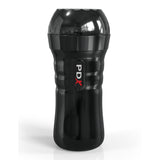 The product is a black, cylindrical Flesh Vagina Stroker resembling a portable cup. It has an ergonomic case with a textured grip and dome-shaped top. A vertical PDX label in white and red letters adorns the glossy surface, reflecting light against the plain white background.