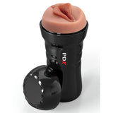 A handheld PDX Extreme Wet Pussies - Super Luscious - Brown Vagina Stroker features a textured grip and removable cap, revealing a realistic pleasure tunnel. PDX is printed in white and red on the side, ensuring enticing details, with the cap ready for use with this self-lubricating stroker.