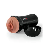 The PDX Extreme Wet Pussies - Super Luscious - Brown Vagina Stroker features a black cylindrical design with a soft, flesh-toned opening. It has an EZ Grip design, glossy finish, and a cap beside it. PDX is printed in white and red on the side, isolated on a white background.