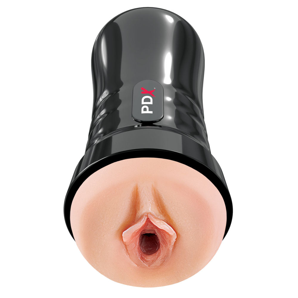 The PDX Extreme Wet Pussies - Super Juicy Snatch is a flesh-toned, black silicone vagina stroker with realistic anatomy and details, featuring the PDX logo. Its cylindrical design includes an EZ Grip for better handling and stands upright in the image.