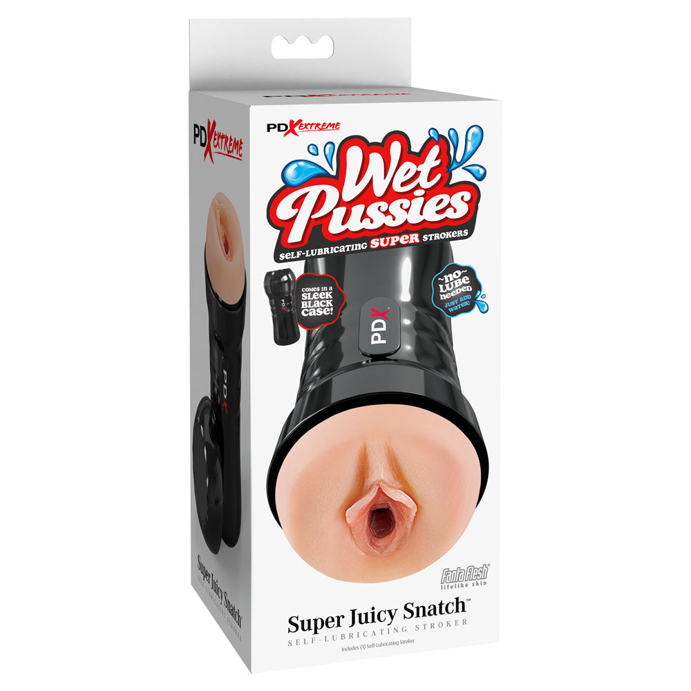 The packaging of the PDX Extreme Wet Pussies - Super Juicy Snatch features realistic details and splash graphics. The black stroker, with an ergonomic silicone opening, is shown upright. Text emphasizes its self-lubricating feature next to a product image.