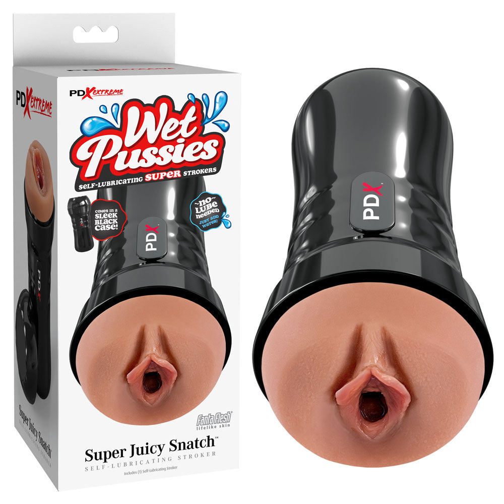 The image displays the PDX Extreme Wet Pussies - Super Juicy Snatch - Brown Vagina Stroker, featuring EZ Grip and a self-lubricating design. Bold text and graphics highlight its realistic skin-tone and pleasure tunnel, elegantly placed on a white background.