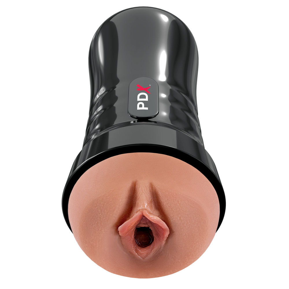 The PDX Extreme Wet Pussies - Super Juicy Snatch is a sleek, brown cylindrical adult toy with realistic details and a flesh-toned end resembling a human orifice. It features the PDX logo in white and red, with a glossy finish and an enhanced pleasure tunnel for an elevated experience.