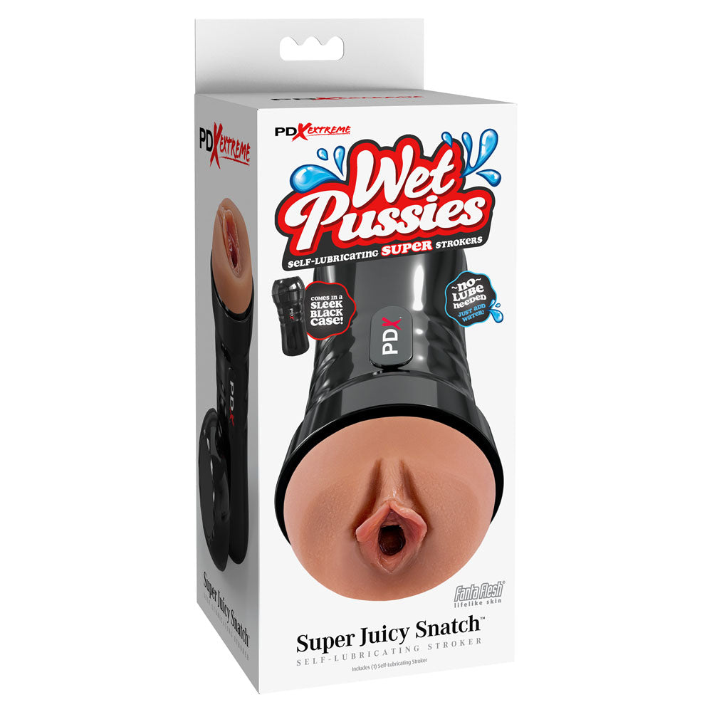 The image displays the packaging for PDX Extreme Wet Pussies - Super Juicy Snatch, featuring a brown adult toy with a sleek black casing, highlighting its self-lubricating Super Stroker capabilities and mentioning a free lube included.