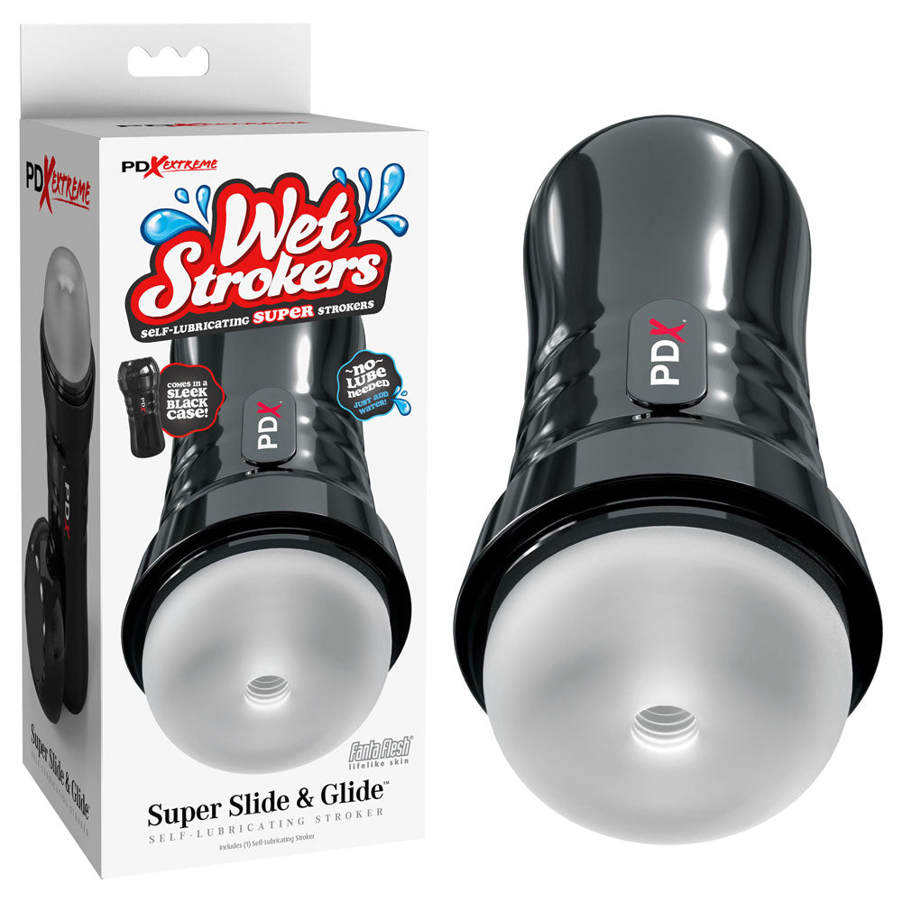 The image shows a black and white cylindrical product labeled PDX Extreme Wet Strokers Super Slide & Glide with a self-lubricating stroker and an EZ Grip design, ensuring comfort while offering a realistic pleasure tunnel experience.