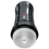 The PDX Extreme Wet Strokers Super Slide & Glide - Clear Stroker is a sleek black cylindrical gadget with an EZ Grip design. The PDX logo in white and red is prominent, while the frosted white bottom reveals a spiral pattern for a realistic personal pleasure experience.