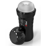 The PDX Extreme Wet Strokers Super Slide & Glide - Clear Stroker is black with EZ Grip, textured grooves, and a rounded transparent silver top partially covered by a detachable black cap. PDX is on the body in red and white. The cap rests beside it, indicating a self-lubricating stroker inside.