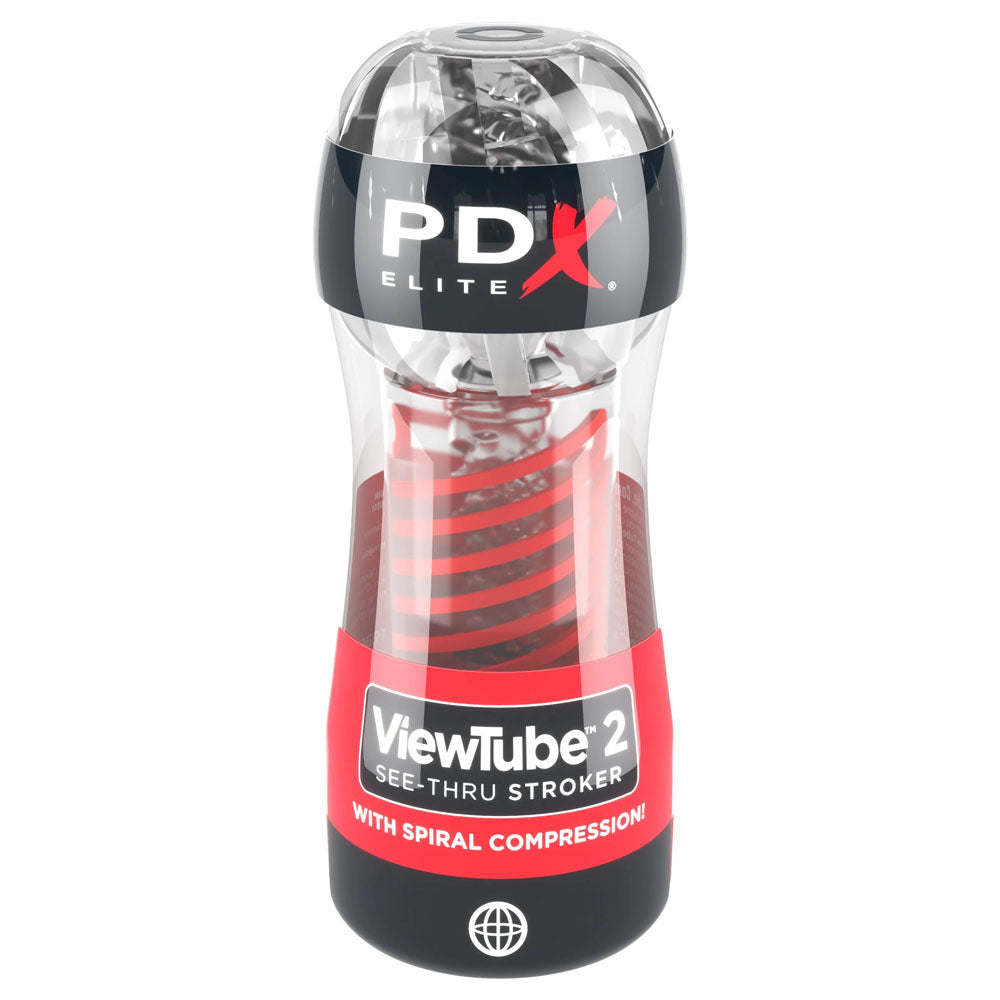 A cylindrical container with a black and red cap, labeled PDX Elite Viewtube 2 - Clear Stroker, reveals its spiral compression mechanism through a transparent body, delivering visual stimulation. The tagline With Spiral Compression! accompanies the product alongside a globe icon at the bottom.