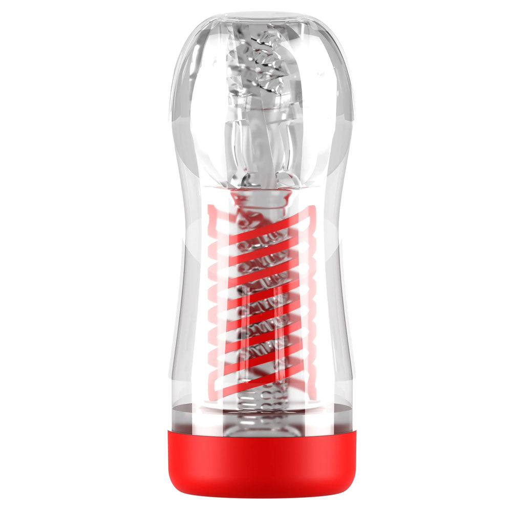 Discover the PDX Elite Viewtube 2 - Clear Stroker: a transparent cylindrical cleaning brush with a red spiral inside. Its rounded top and red base enhance its design, offering visual stimulation with a sleek, shiny surface that beautifully reflects light.