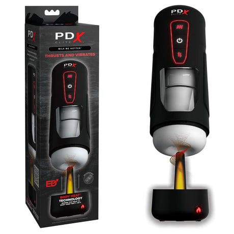 Image of the PDX Elite Milk Me Hotter and its packaging. The sleek black device has buttons, a transparent area, an ultra-soft sleeve, and highlights like Body Heat Technology, thrusting tech, and vibrations for enhanced adult use.