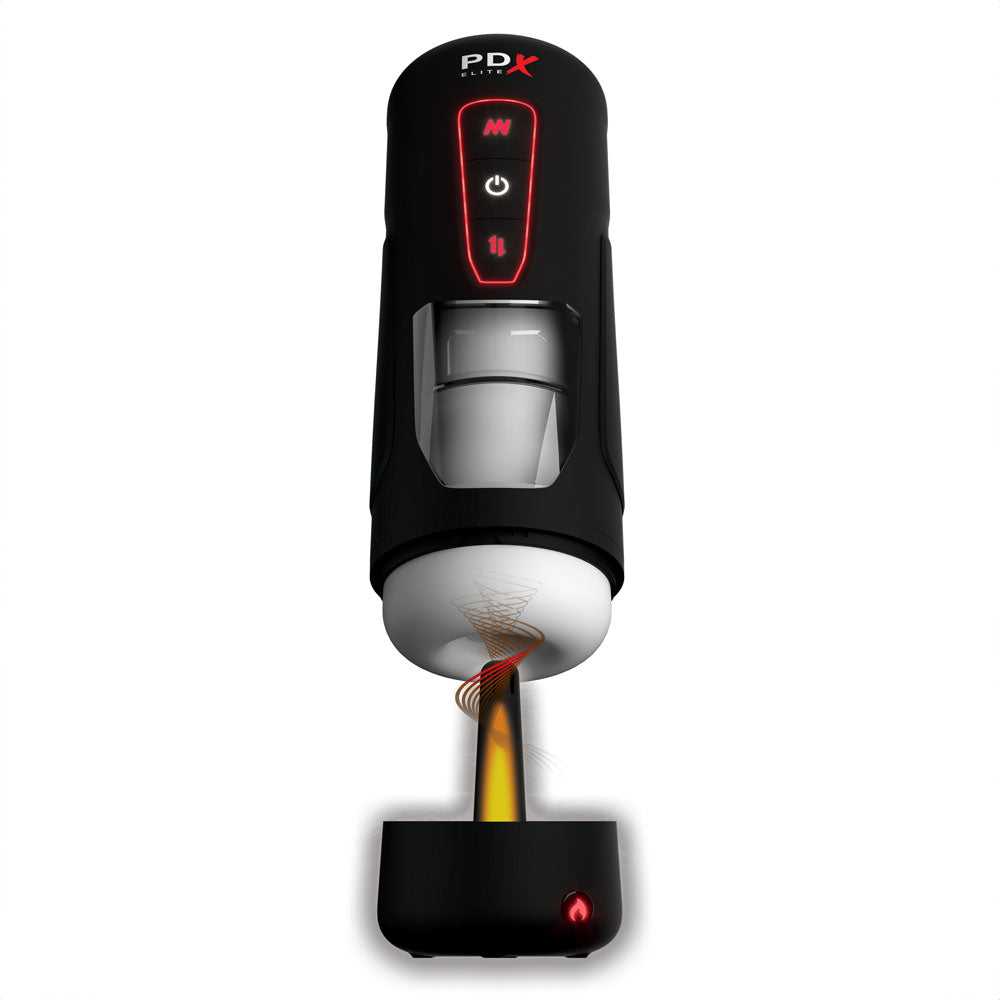 The PDX Elite Milk Me Hotter, a sleek black device, advancedly dispenses coffee into a handled white cup. As the brew pours spirally, glowing red digital buttons give an aura of thrusting mechanism precision against a clean white background.