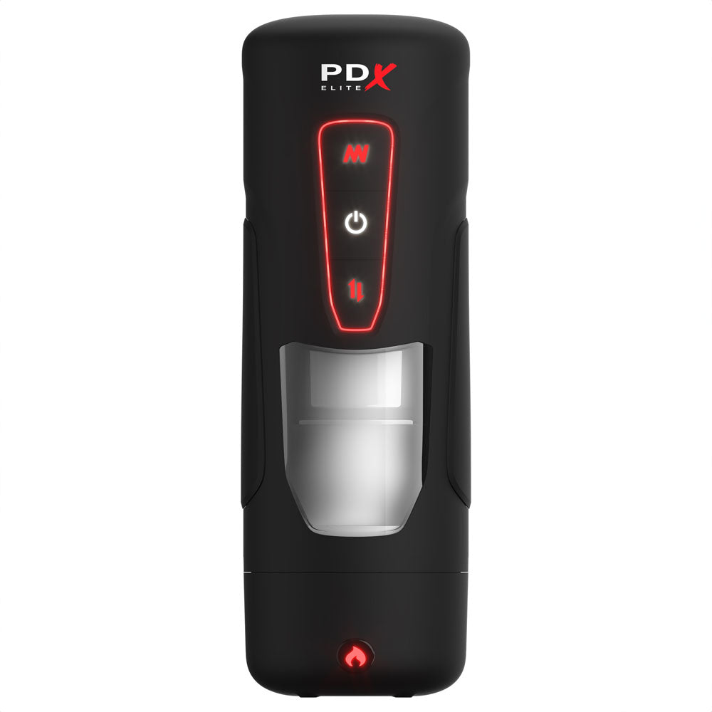 The PDX Elite Milk Me Hotter is a black, cylindrical electronic auto stroker with a central power button and two red LED buttons. A transparent section shows the ultra-soft sleeve inside, and its sleek design includes a visible power icon at the bottom for an enhanced experience.