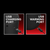 Two images show ports on a sleek black PDX Elite Milk Me Hotter device against a bold red background. On the left, a USB Charging Port with a cable connected. On the right, showcasing thrusting technology, a USB Warming Port is above an unconnected cable.