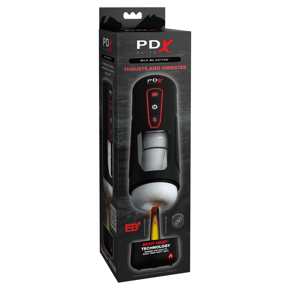 The PDX Elite Milk Me Hotter auto stroker box boasts striking black packaging with red and white text, highlighting its thrusting, vibrating abilities, and body heat technology. A partial image showcases the devices shape, controls, and ultra-soft sleeve for customizable pleasure.